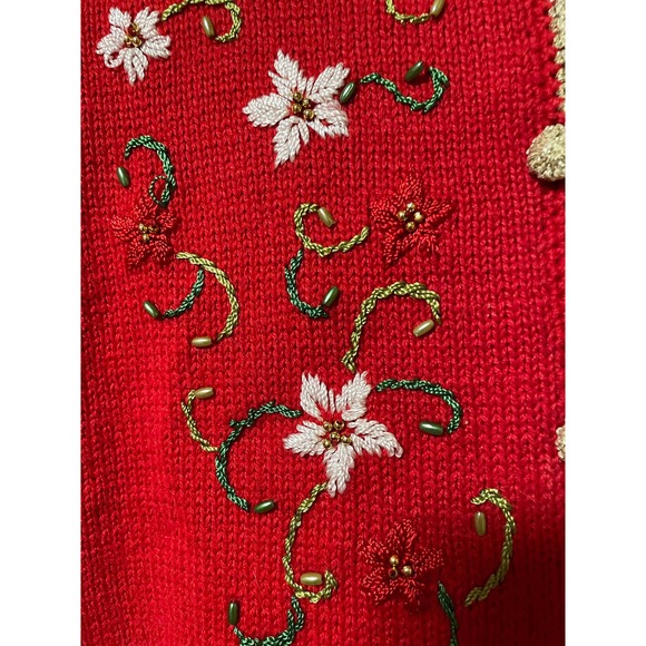 Blue Star Originals Studio button down sweater , embroidered poinsettias - Picture 2 of 7